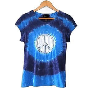 INC International Concepts Petite Blue Tie Dye Short Sleeve Peace Sign Tee sz MP